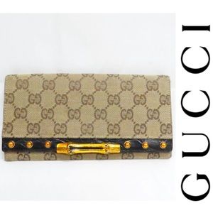Authentic GUCCI GG Monogram Bamboo Brown/Gold Canvas Bifold Wallet 129166-2778